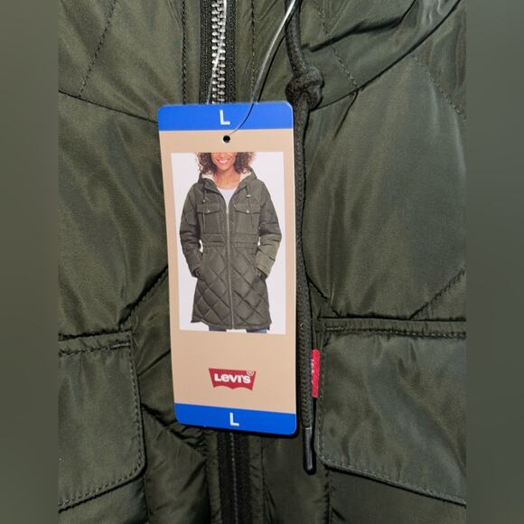 Levi's Women's Soft Sherpa Lined Diamond Quilted Long Parka Green Jacket NWT - Picture 2 of 11